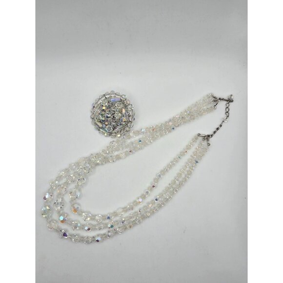 Vintage Triple Strand Graduated AB Necklace Plus brooch Set 1940s Demi Parure - Picture 4 of 8